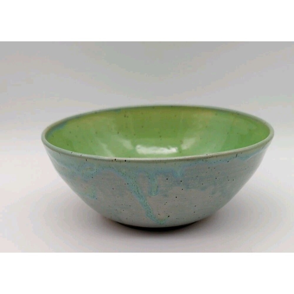 Studio Pottery Serving Bowl Signed E Trees Blue Green Speckled